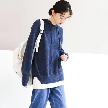 

Jersey Casual Hooded Pullover Sweater Women Autumn Winter Patchwork False Two Piece Knit Sweaters Ladies Jumpers