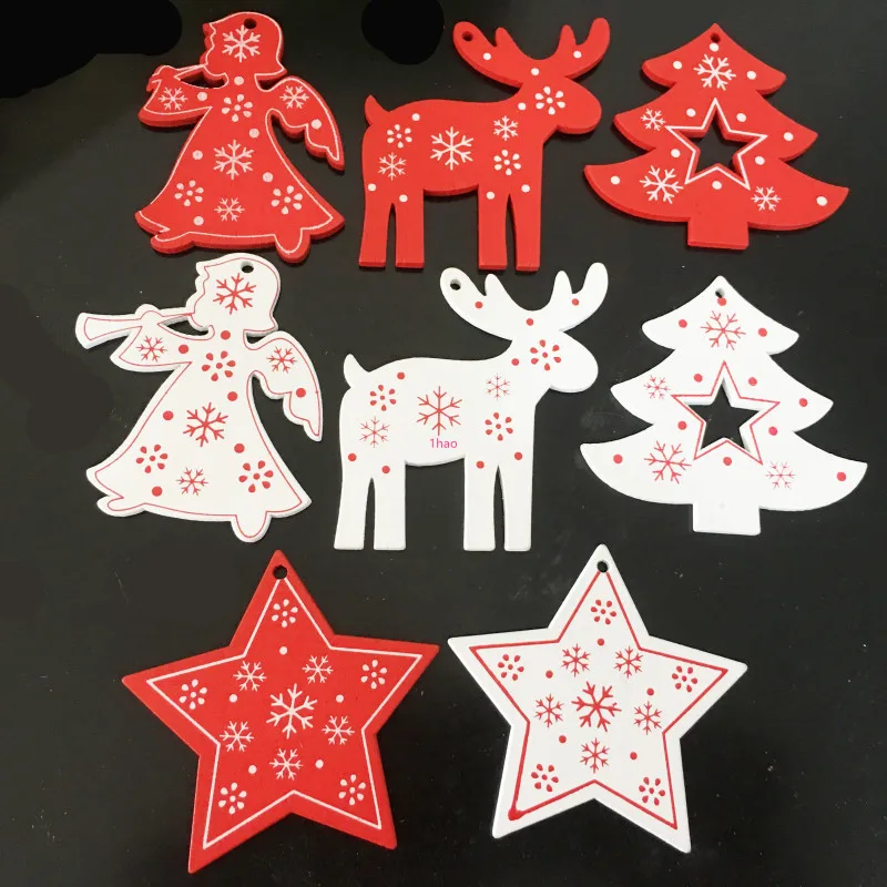 

10pcs Red Christmas Wooden Ornaments Wood Snowflake Angel Star Christmas Tree Round Discs Decorations Hanging Embellishments