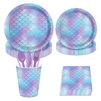 

Little Mermaid Dinner Plates Kids Happy Birthday Party Decorations Purple Tiffany Blue Disposable Tableware Wedding Party Favors