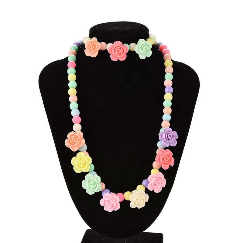Rose Shaped Candy Beaded Bubblegum Necklace Lovely Kids Necklaces Bracelet Baby Girl Party Jewelry Multicolor