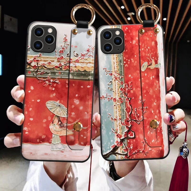 Чехол для iPhone 12 11 Pro Max Mini XS SE 2020 XR X 7 8 6S Plus рельефный ремешок с 3D ремешком на руку