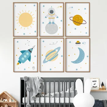 

Cartoon Sun Moon Star Astronaut Rocket Wall Art Canvas Painting Nordic Poster And Prints Wall Picture For Kids Room Boy Decor