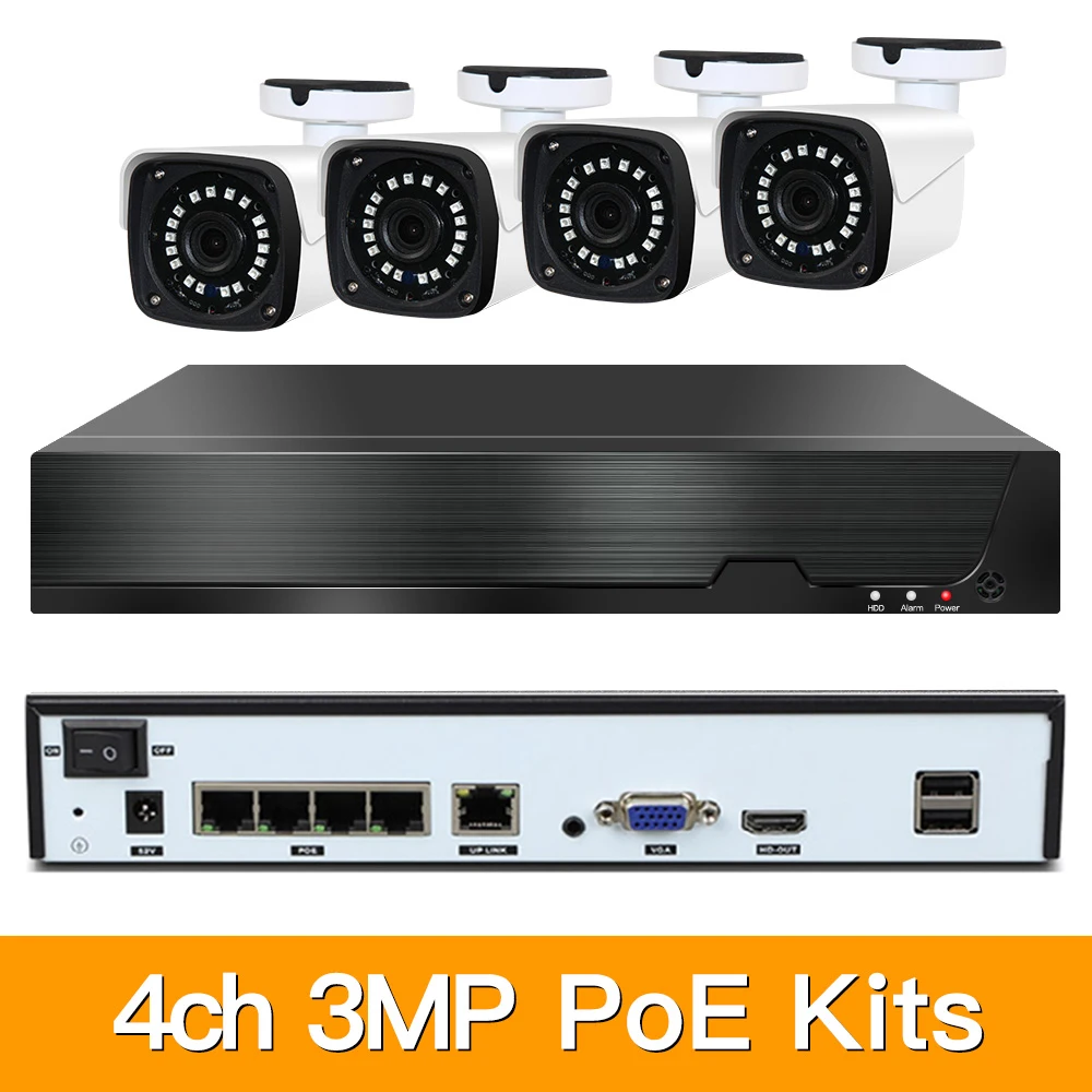 4ch 3MP POE наборы H.265 система видеонаблюдения PoE NVR наружная металлическая