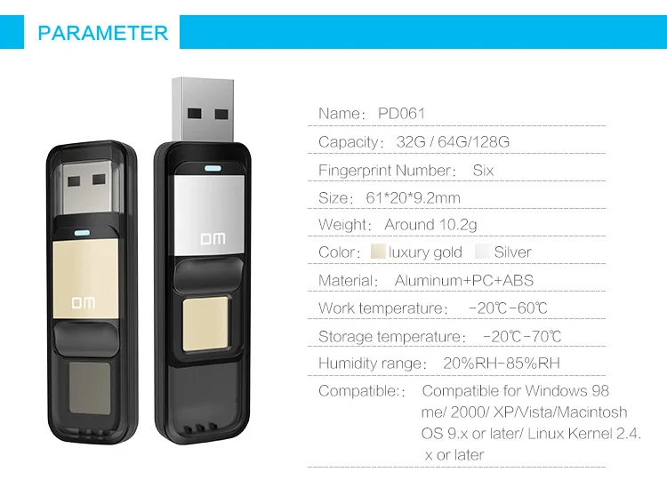 DM PD061 USB флеш-накопитель с 32 Гб, зашифрованный отпечаток пальца, Usb флешка 64 ГБ, usb 2,0, флеш-накопитель, безопасность, 128 ГБ, флешка, диск памяти