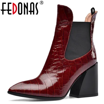 

FEDONAS Quality Embossed Genuine Leather Women Brand Ankle Boots Big Size Chelsea Boots Party Dancing Shoes Woman Chunky Heels