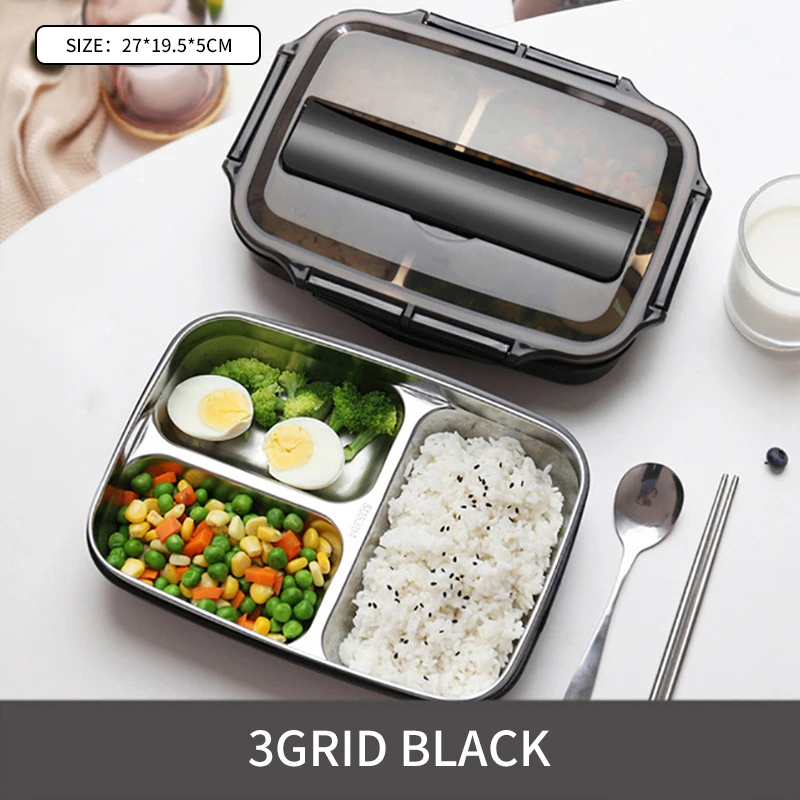 3Grid Black Нержавеющая сталь изолированный Ланч-бокс многозерновой Ланч-бокс с палочками ложка детские столовые приборы Ланч-бокс для детей герметичный - Цвет: 3Grid Black