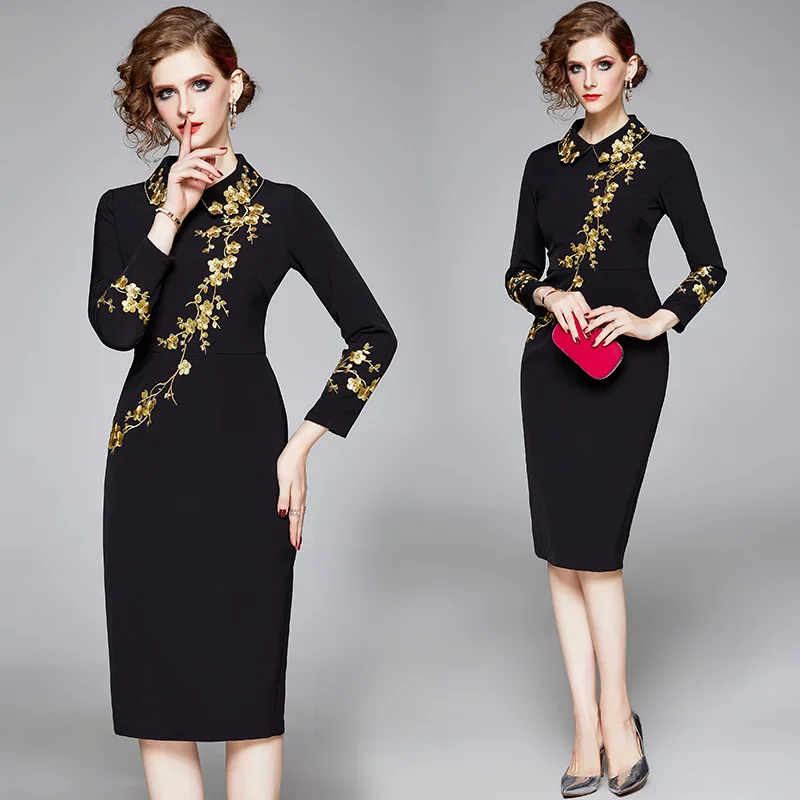 

Large Austrian 2019 Autumn And Winter Fold-down Collar Industrial Gold Plum Embroidered Waist Hugging Elegant Dress