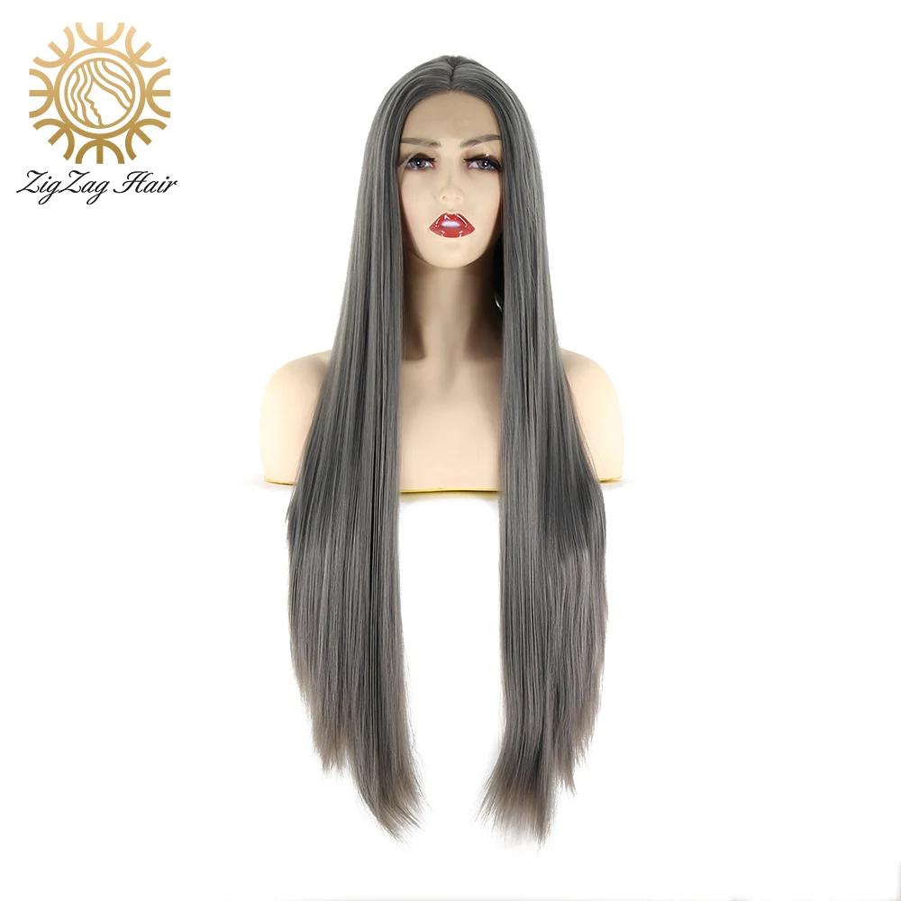 

ZigZag Grey Synthetic Lace Front Wigs for Women Glueless Long Straight Fiber Hair High temperature resistance for everyday wear
