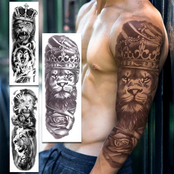 

3D Lion King Temporary Tattoo Sleeves For Men Women Adult Tiger Wolf Warrior Fake Tattoo Extra Large Full Arm Tatoos Paste