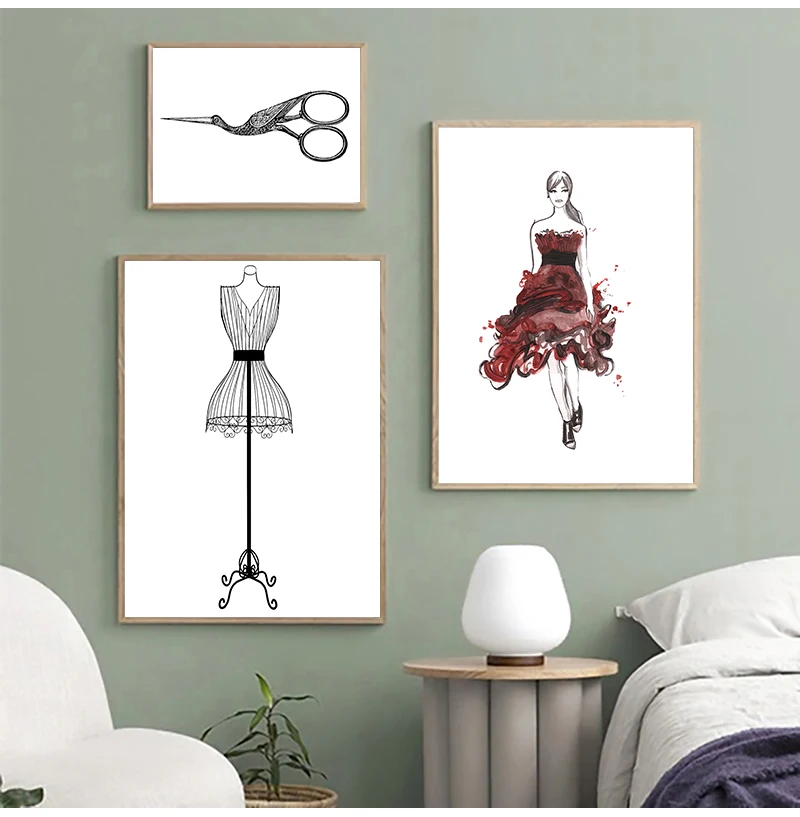 Picture Room Wall Decor , Vintage Fashion Sewing Machine Poster Model Mannequin Canvas Painting Sewing Print Fashion Wall Art