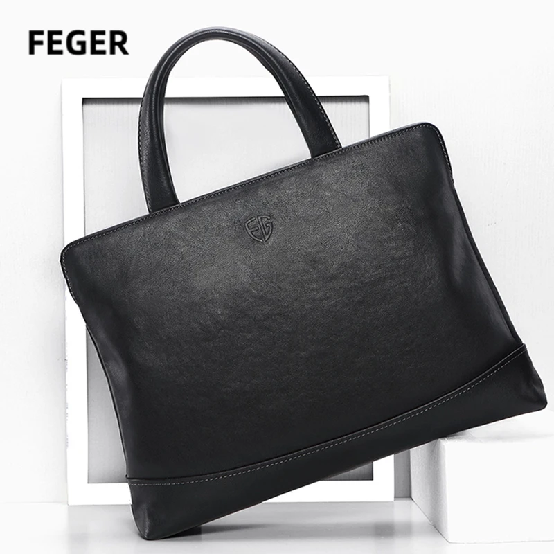 

FEGER Men bag Genuine Leather Briefcase Silm laptop briefcases brand luxury handbag business computer bags 2020 new fashion