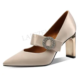 

LAIGZEM 2020 Wedding Women Heels Mary Janes Metal Square Heels Handmade Tacco 8CM Crystal Party Prom Shoes Woman Size 33 38 39