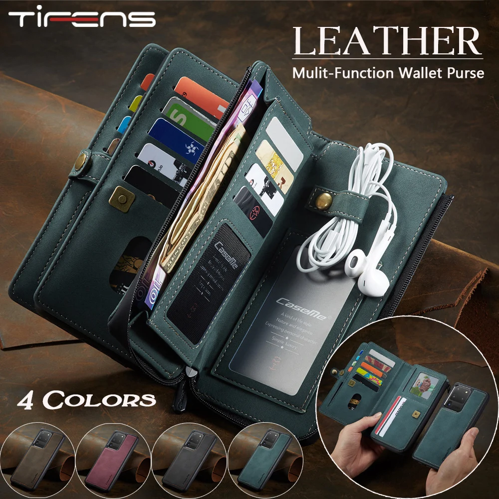 Luxury Zipper Wallet A51 A71 A52 A72 Leather Case For Samsung Galaxy S21 S20 FE Note 10 20 Ultra Plus Magnetic Removable Cover