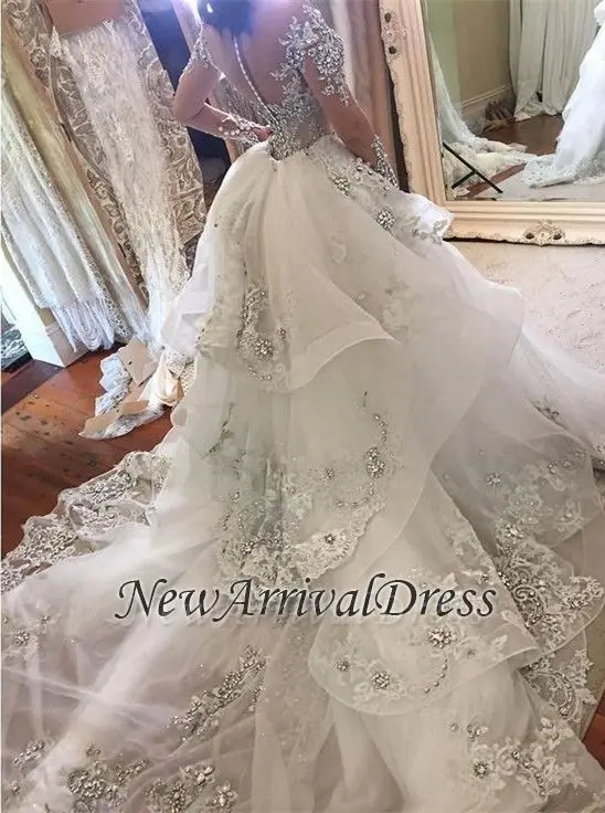 Appliques Long-Sleeves Glamorous Detachable-Train Tulle High-Neck Wedding Dresses2