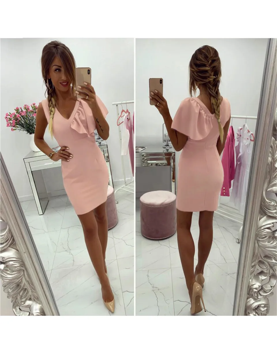 Розовый Elegant Women Bodycon Dress Patchwork Design Ruffles Decor V-Neck Sleeveless Solid Summer Mini Slim Hips Dress for Streetwear - Цвет: Розовый