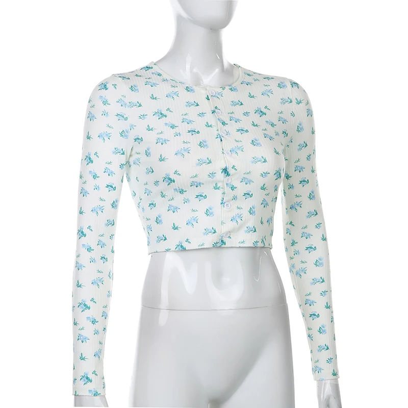 IAMSURE Small Flower Print Aesthetic Long Sleeve Blouse For Women Korean Streetwear Fashion Casual Female Crop Tops Shirts