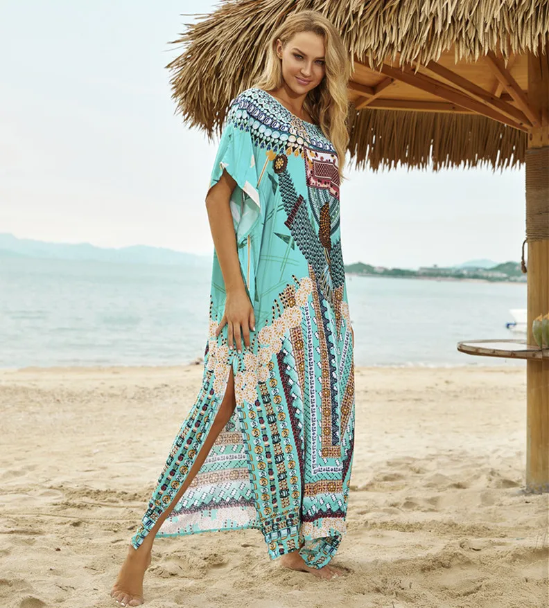 Copricostume Da Spiaggia In Tunica Di Cotone Caftano Stampato Bohémien Saida De Praia Copricostume Bikini Da Spiaggia Da Donna Robe De Plage Sarong