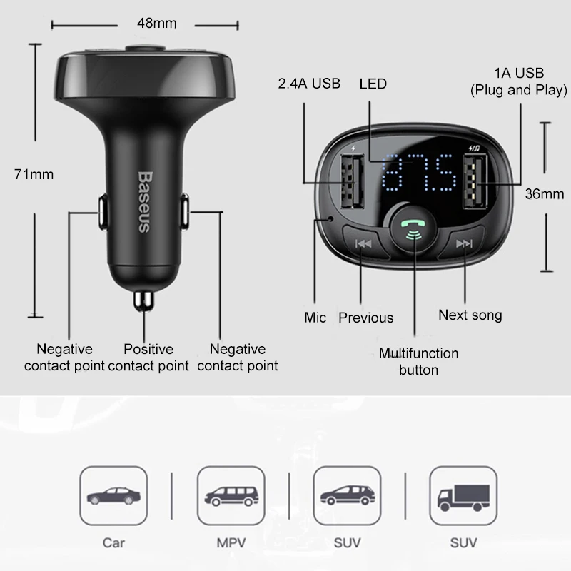 Baseus FM Transmitter Handsfree Bluetooth Car Kit MP3 Player With 3.4A Dual  USB Car Charger FM Modulator Transmiter