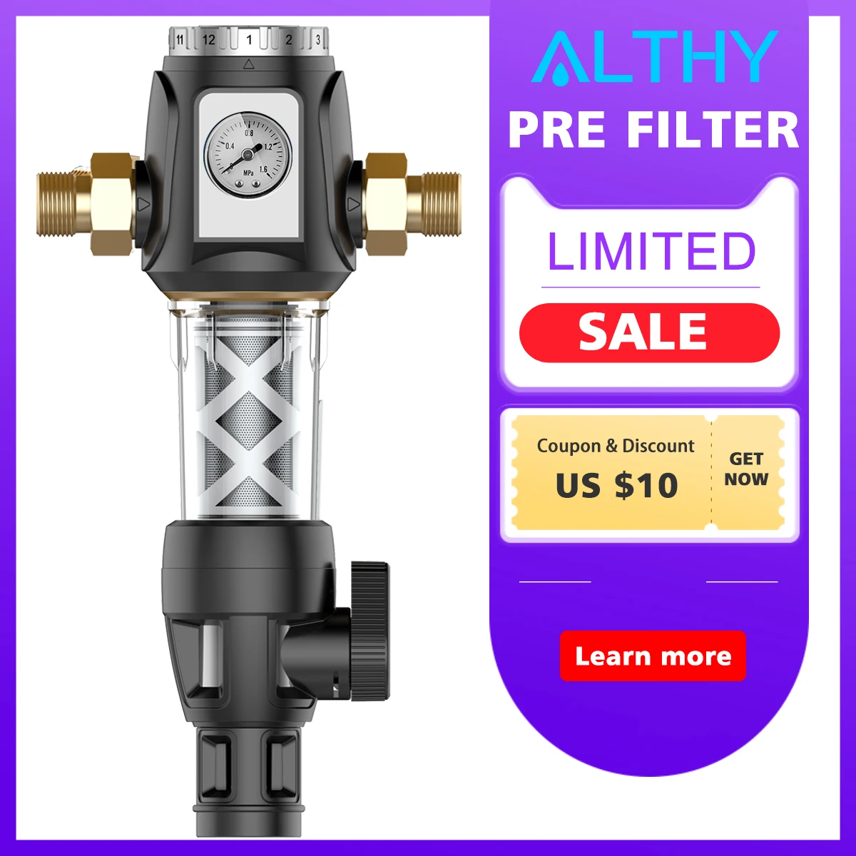 ALTHY Central Water Pre-filter Whole House Pipe Pre Filter Water Purifier 40um Siphon Backwash 3T/h Large Flow Pressure Gauge