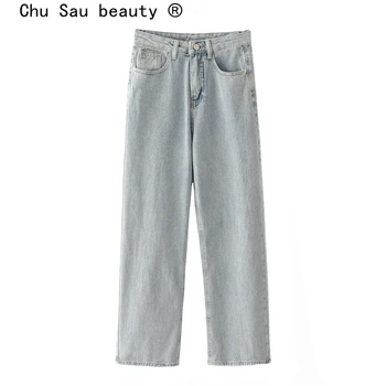 

Chu Sau beauty Safari Style Solid Wide Leg Jeans Women Streetwear Chic Multi-pocket Zipper Fly Pants Moda Mujer pantalones