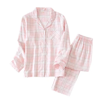 

Spring New fashion plaid pajama sets women sleepwear 100% gauze cotton Japanese sweet long sleeve women pyjamas 2020