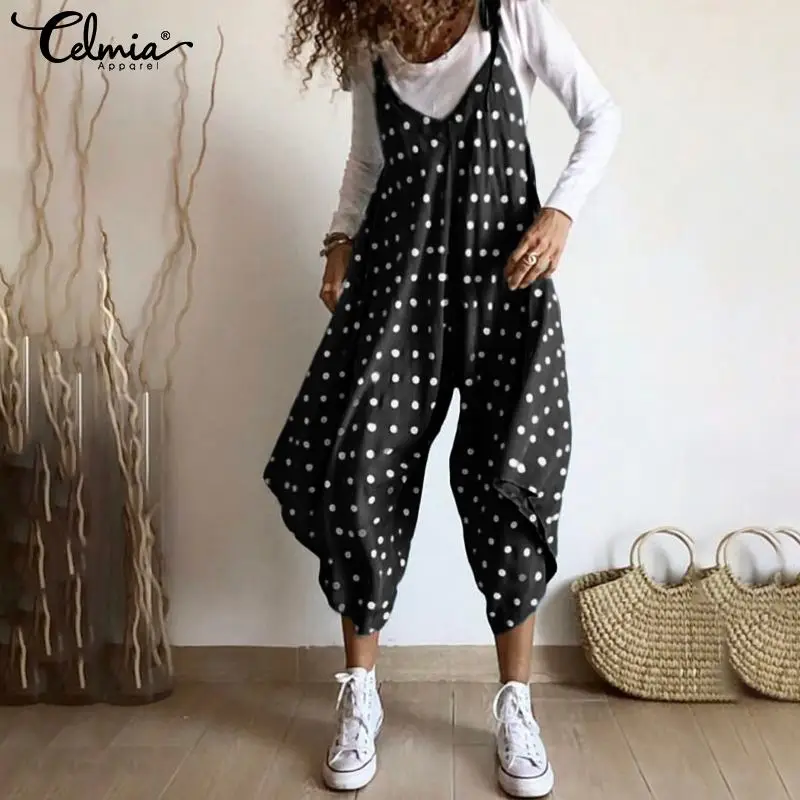 

Vintage Jumpsuits Women Polka Dot V Neck Wide Leg Pants 2019 Celmia Straps Casual Irregular Hem Baggy Rompers Plus Size Overalls