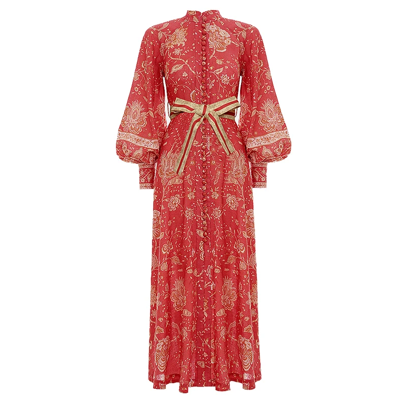 

VERDEJULIAY Runway Red Dress Women 2020 Spring Autumn Winter Fashion New Full Lantern Sleeve Stand Collar Long Elegant Dress