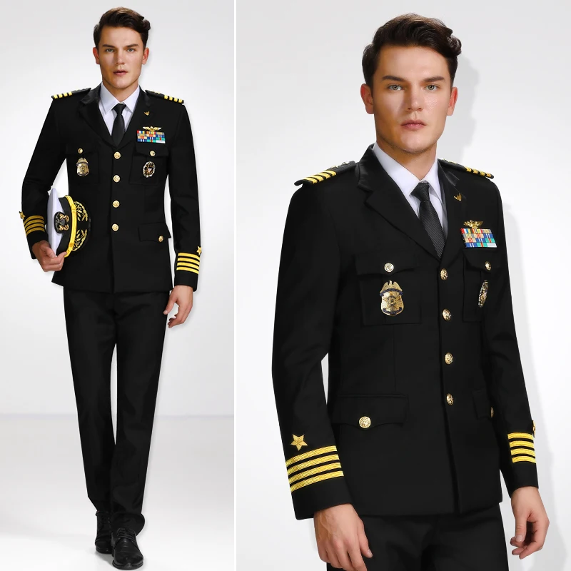 High Quality Admiral Military Uniform Male Navy Captain Uniform Suits Single-Breasted Suit Sets With Badges Security Workwear