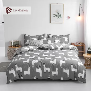 

Liv-Esthete Cartoon Alpaca Bedding Set Gray Duvet Cover Bedspread Flat Sheet Pillowcase Single Double Queen King Bed Linen