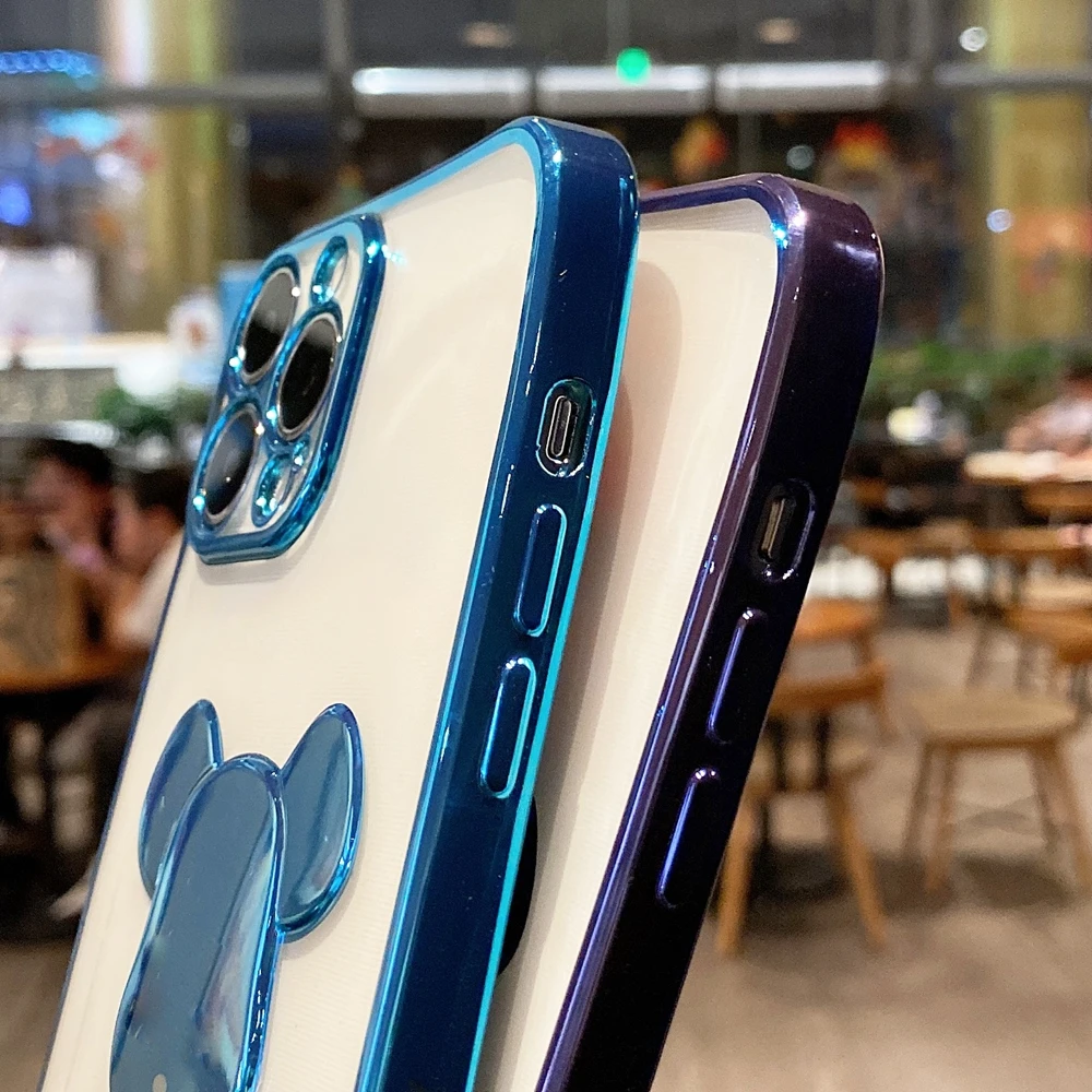 Cute Bear Plating Phone Case for iPhone 13 12 11 Pro Max X Xs Xr 8 7 Plus SE 2020 Transparent Silicone Lens Protection Cover