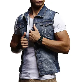 

Men Slim Fit Sleeveless Jeans Jacket 2020 Summer Fashion Classic Denim Vest black Turn-down Collar Jeans Waistcoat