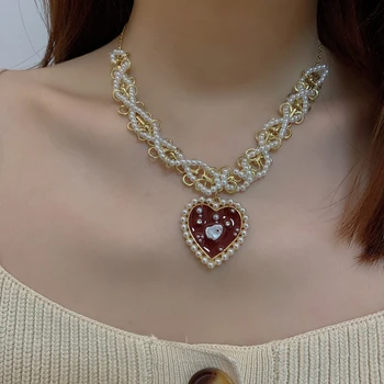 

Pearl Red Heart Metal Pendant Necklace For Women Girl Vintage Dripping Oil Novelty Trendy Choker Necklace Statement Jewelry New