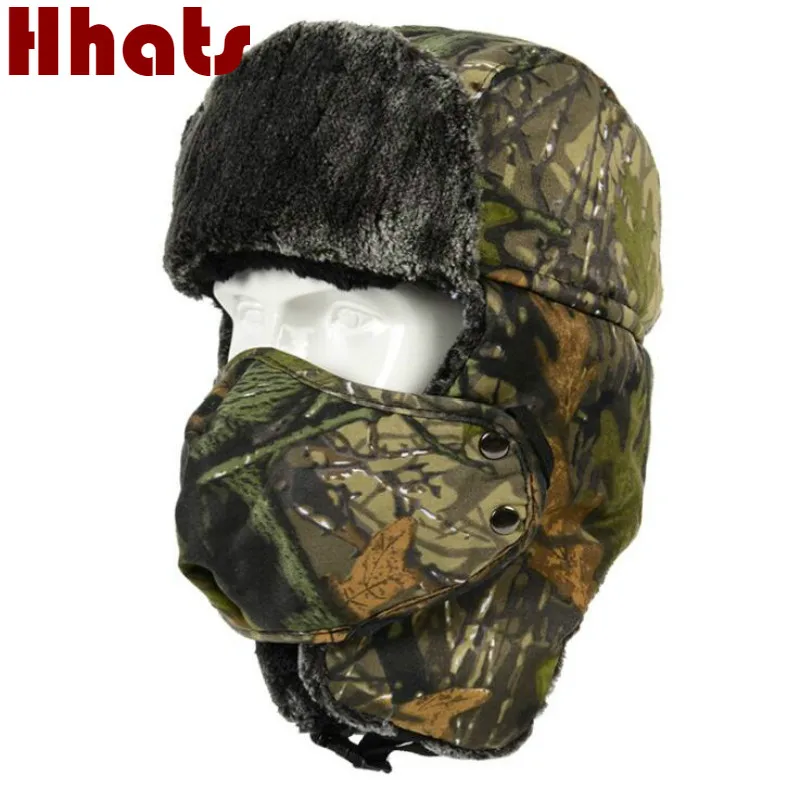 

Bionic Bomber Hat For Men Camouflage Earflap Winter Hat Cap Outdoor Camo Male Ear Flap Thicken Warm Hat With Mask Ski Cap Bonnet