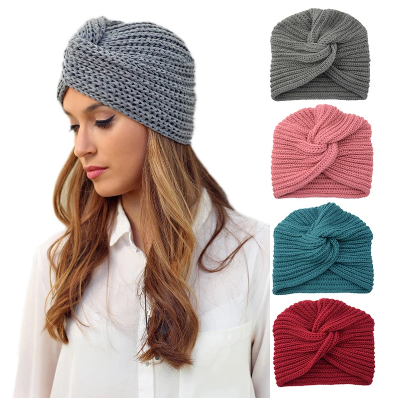 Bohomian вязанная весенне-зимняя шапка, женские банданы с узелком, вязанный шарф, теплый мусульманский шарф, тюрбан, шапка, крест, головной платок, хит