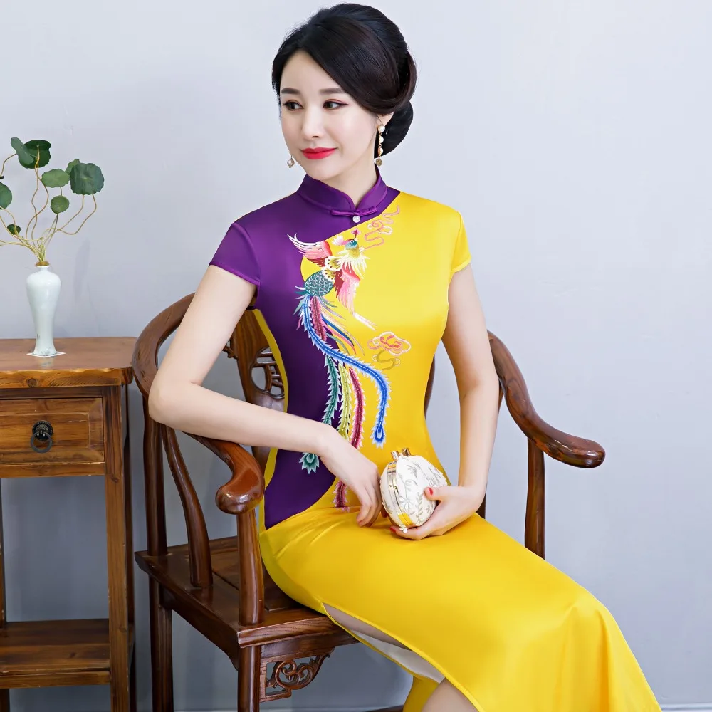 Китайское традиционное платье женское атласное Qipao принт Феникс длинное Cheongsam размера плюс M L XL XXL XXXL 4XL 5XL 6XL