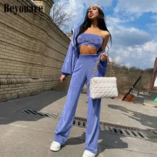 

Beyouare Casual Wide Leg Pants Strapless Suit Women Two Piece Set High Waist Trousers Diamonds Crop Top Outfit Autumn Streetwear