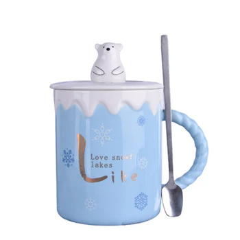 

3D Bear Coffee Cup Cute Ceramic Novelty Cartoon Print Porcelain Stirring Mug Lid Luxury Mug Animal Taza Personalized Cup E5