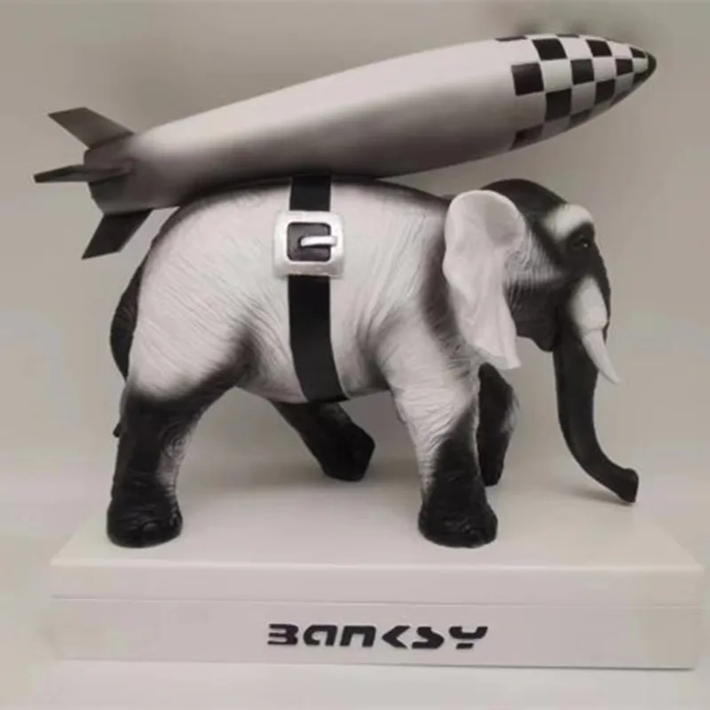 

Modern Banksy Street Famous Artist Elephant Back Rocket Statue Creative Treasure Force Stone Art&Craft Home Decoration Orn R3277
