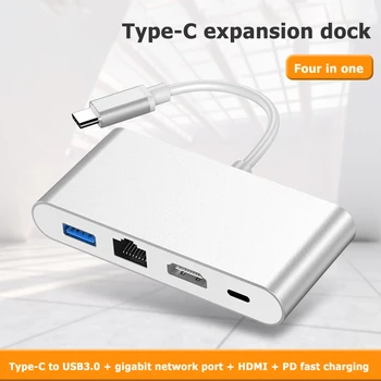 

4 in 1 USB Type-C HUB Aluminum Alloy HDMI + USB3.0 + PD Fast Charging + RJ45 Gigabit Ethernet Dock Adapter hub for Laptop