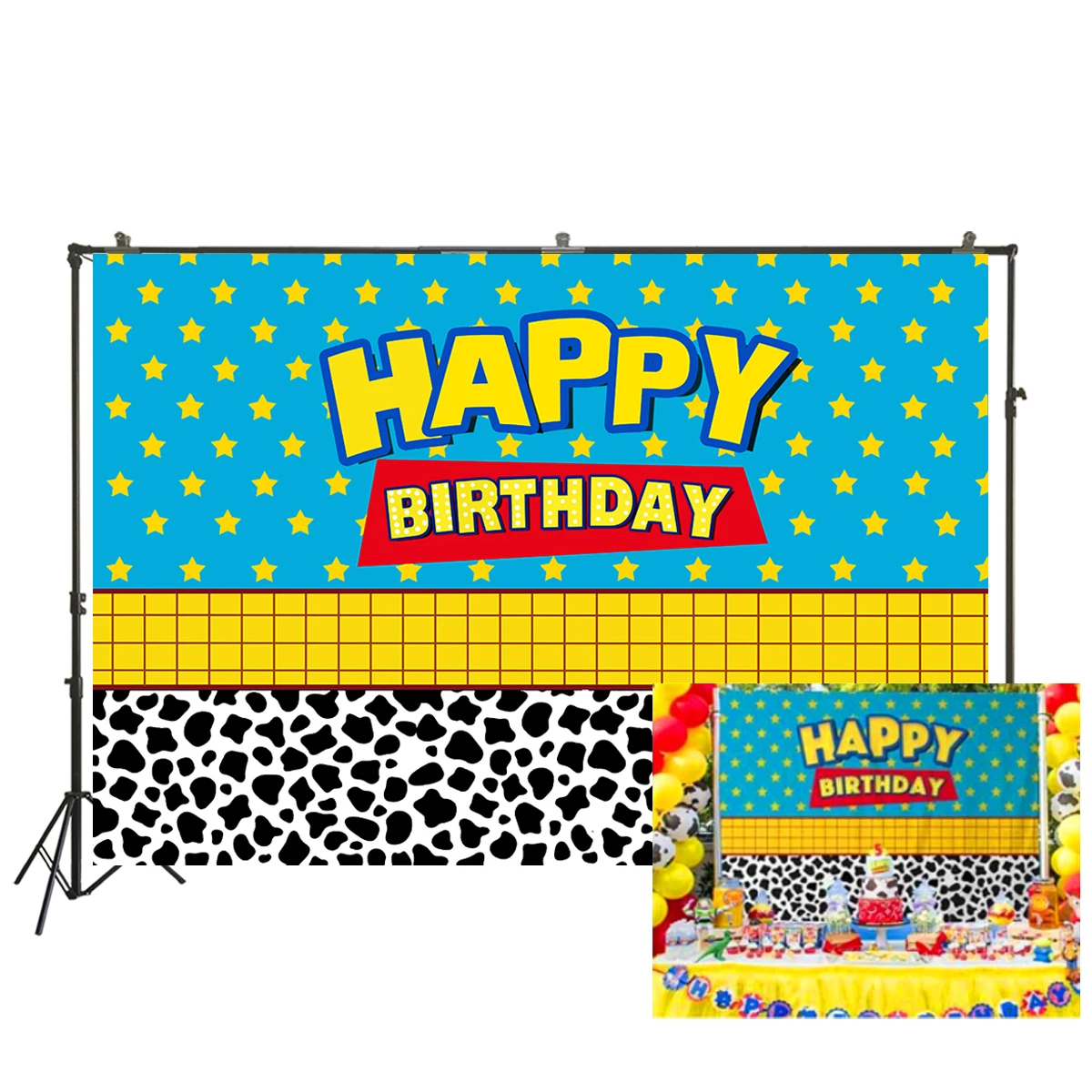 

Happy Birthday Party Backdrop Baby Boy Western Cowboy Yellow Stars Cake Table Supplies Photo Booth W-2299