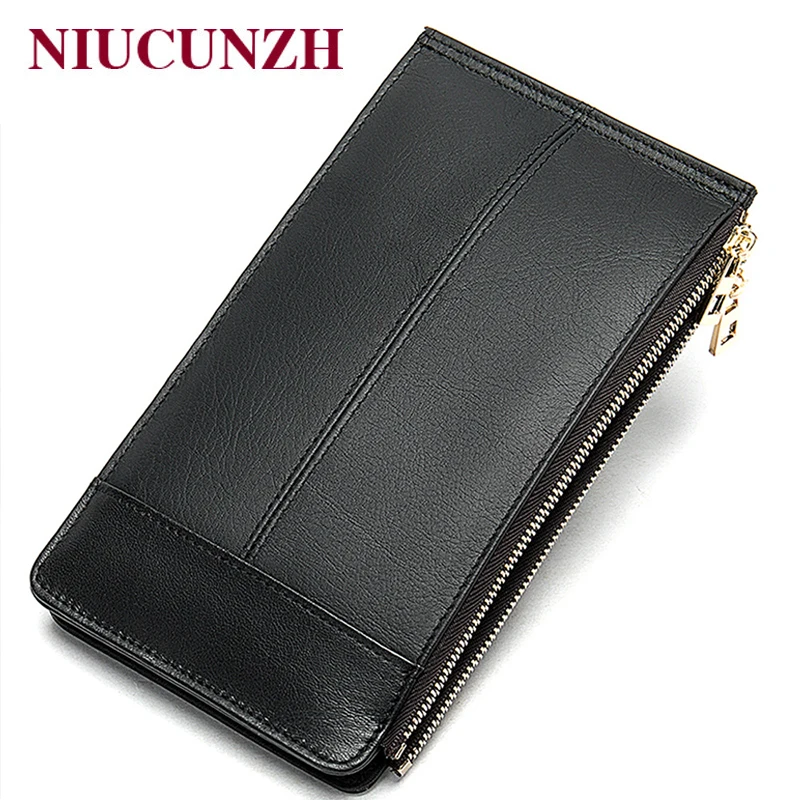 

NIUCUNZH Double Zipper Many Departments Men Wallet Genuine Leather Male Wallets Card Holder Man Clutch Long Purse High Quality