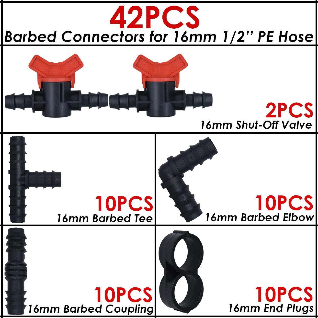 KESLA Drip Irrigation Watering 16mm Barbed Fittings Connectors Tee Elbow Coupling Cap Plug End Kit 1/2 Inch Tubing Hose Garden 