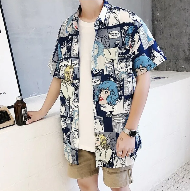 High Street Summer Mens Short Sleeve Cartoon Printing Top Shirts Korean Fashion Casual Slim Single Breasted Open Stitch Shirts