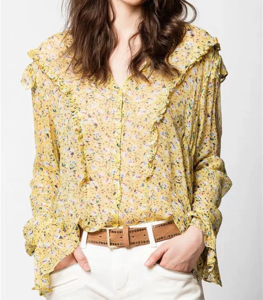 

Women Viscose 100% Yellow Ruffled Floral Printed Blouse Shirt With Flare Sleeve