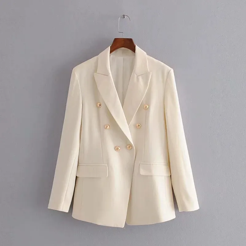 30.1      双排扣、49.99、Women Blazer Fashion Office Lady Wear Double Breasted Blazers Coat Vintage Long Sleeve Pockets Female Outerwear Chic Tops
