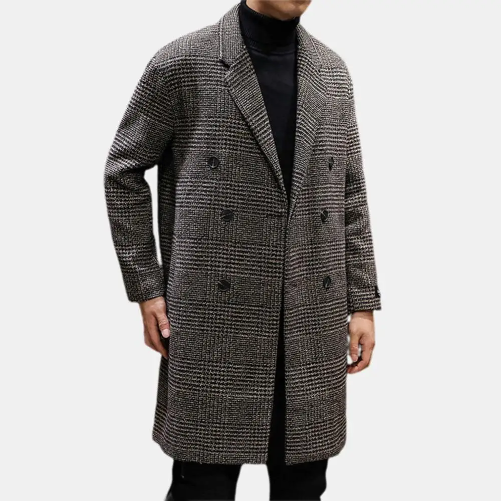 Повседневное двубортное мужское шерстяное пальто, зима, куртка в ломаную клетку, Мужская Длинная шерстяная штормовка с отложным воротником