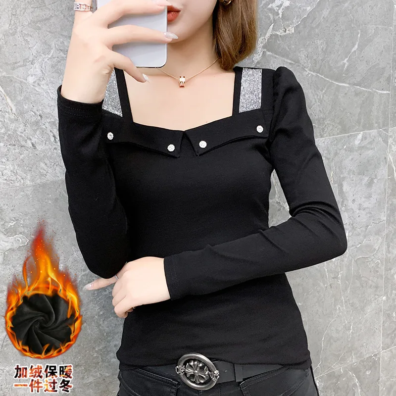 

2020 New Women Shirts Full Diamonds Solid Square Collar Cotton Tops Shirts Plus Size Women Clothing Elegant Party Winter Shirts