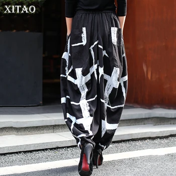 

XITAO Print Pattern Pleated Harem Pants Fashion New 2020 Spring Elastic Waist Pocket High Waist Patchwork Casual Pants ZLL4846