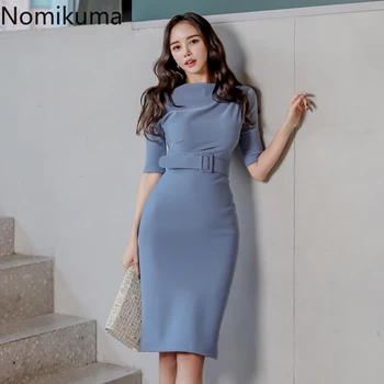 

Nomikuma 2020 Spring Women Casual Sashes Mid-length Sheath Bodycon Dress Vestidos Femme Slash Neck Half Sleeve OL Dress 3Z153