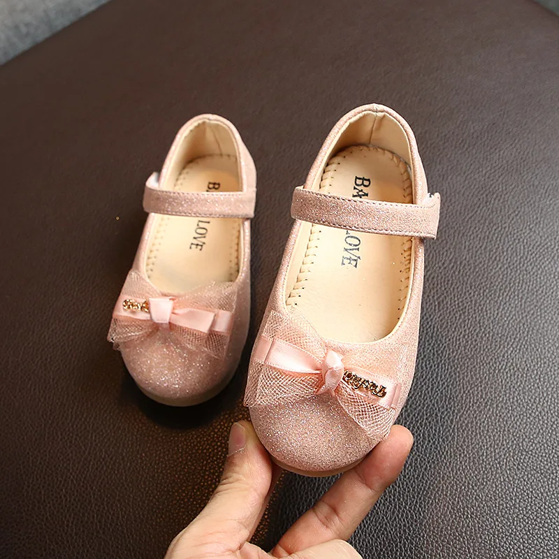 Kids Flats For Girls Shoes Toddlers Little Girl Children Dress Shoes Glitter Leather With Lace Bow-knot Princess Wedding Shoes - 5